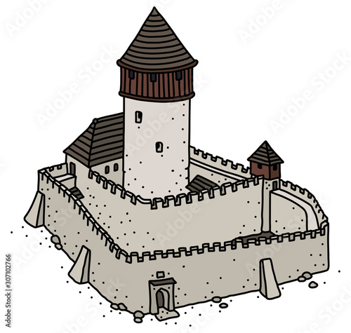 The vectorized hand drawing of an old gothic stone castle