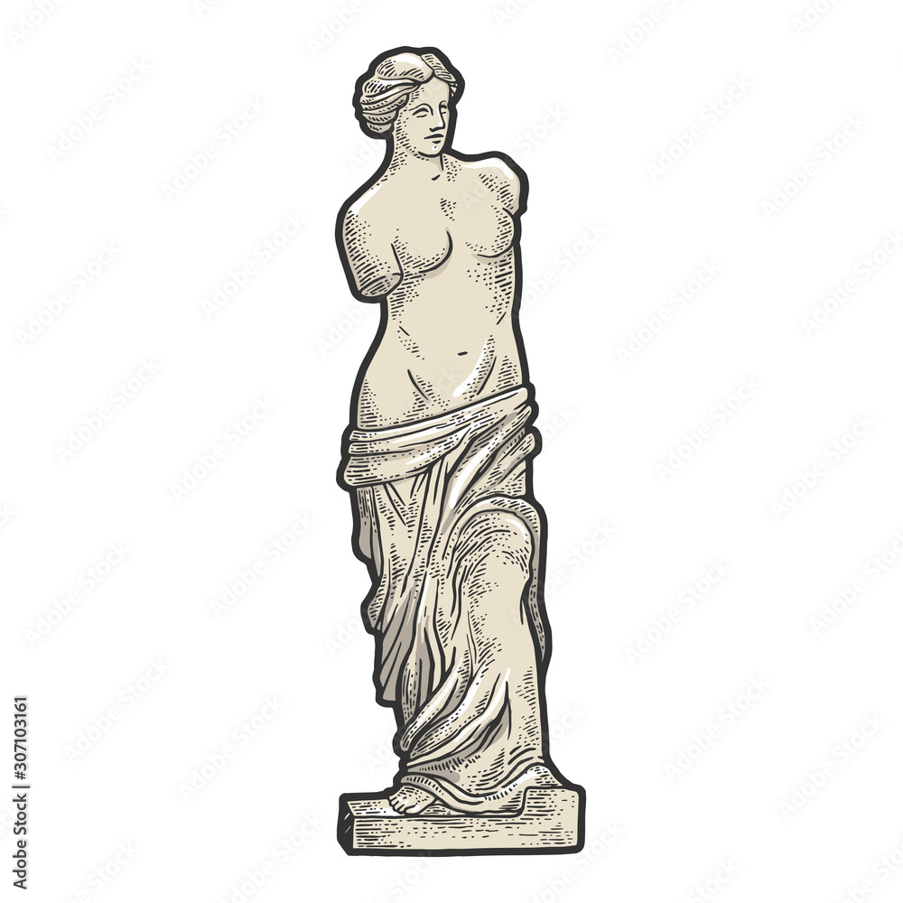 Venus de Milo ancient Greek statue sketch engraving vector illustration. T-shirt apparel print design. Scratch board imitation. Black and white hand drawn image.