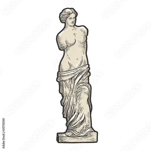 Venus de Milo ancient Greek statue sketch engraving vector illustration. T-shirt apparel print design. Scratch board imitation. Black and white hand drawn image.