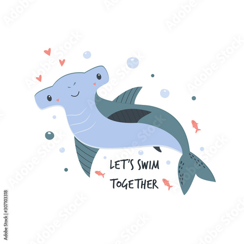 Cute hand drawn hammer-headed shark and text