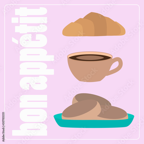 card with coffee and breakfast on a pink background