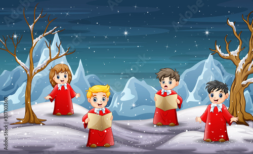 Children singing christmas carol in north pole background