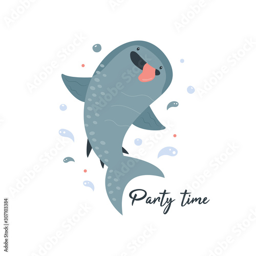 Cute smiling whale shark in childish style.