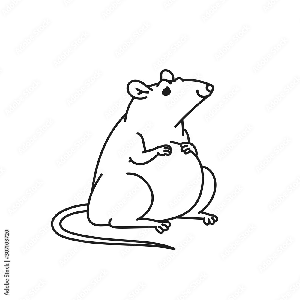Rat cute mouse Chinese new year symbol vector black white outline cartoon isolated illustration.
