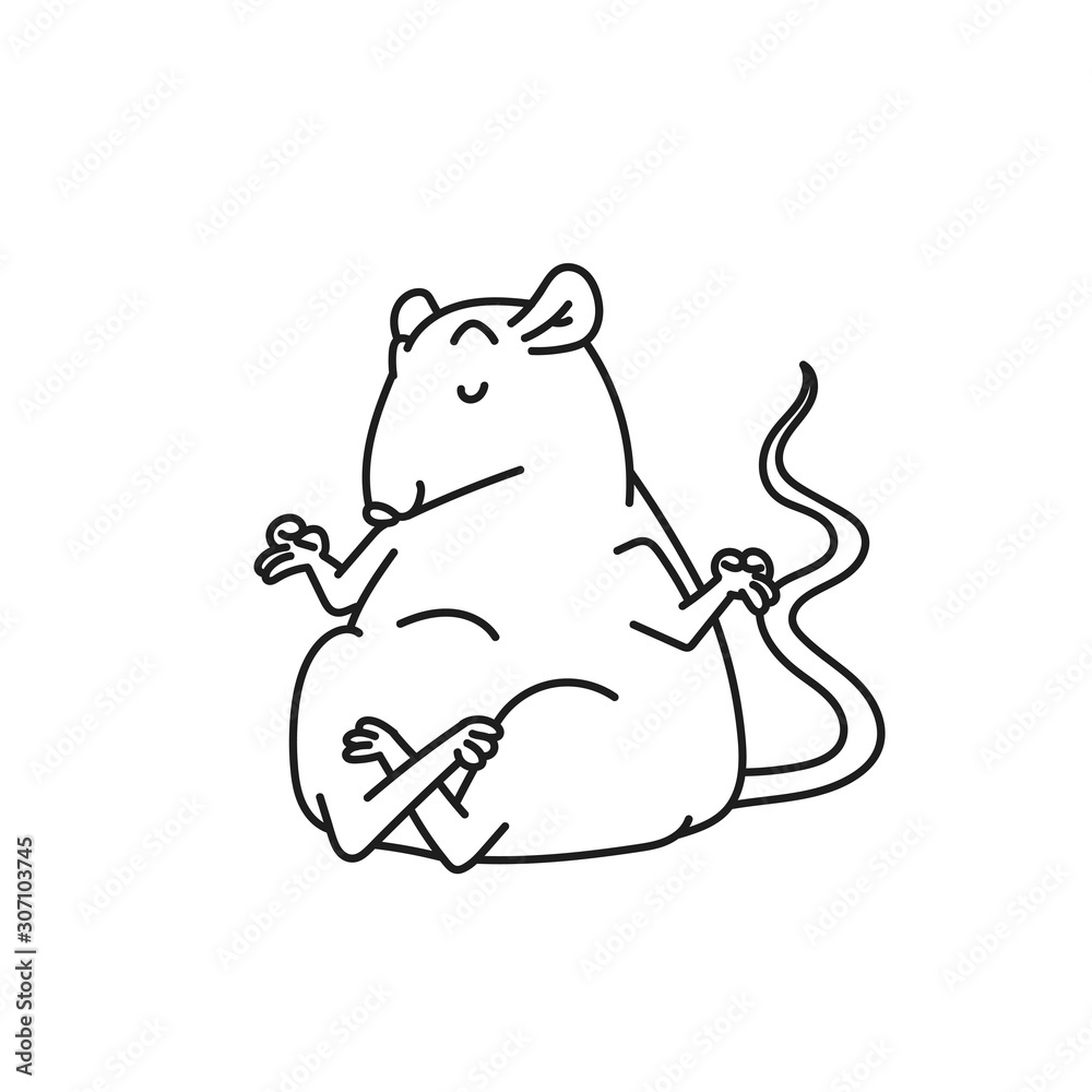 Rat white cute mouse meditating in Lotus position. Chinese new year symbol vector outline black white cartoon isolated illustration. Rat white cute mouse meditating in Lotus position. Chinese new year symbol vector outline black white cartoon isolated illustration.