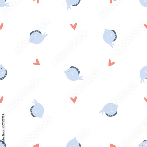Vector seamless pattern with fluke fish and hearts