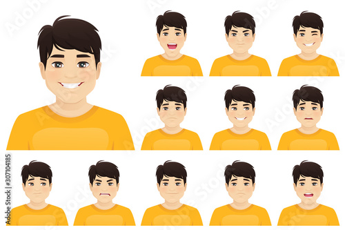 Young asian man with different facial expressions set vector illustration isolated