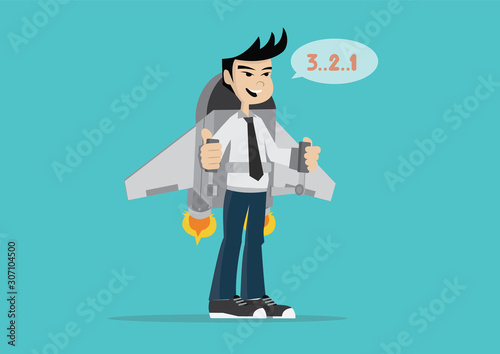 Businessman in jetpack and countdown to fly up the sky.