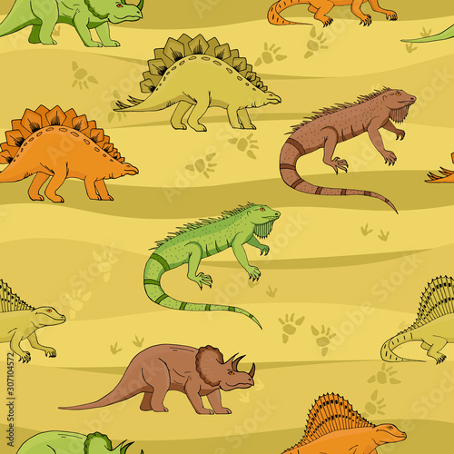 Dino Seamless Pattern  Cute Cartoon Hand Drawn Dinosaurs Doodles Vector Illustration. Ideal for wallpaper  textile  wrapping paper design.