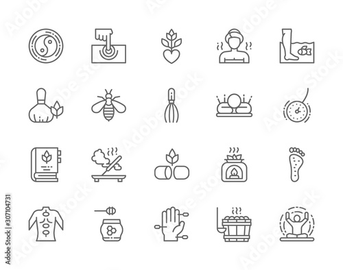 Set of Alternative Medicine Line Icons. Bathhouse, Meditation, Yoga and more.