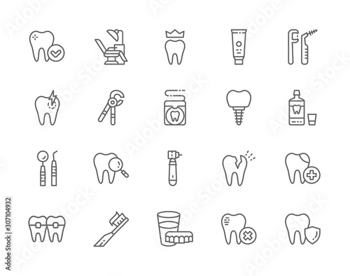Fototapeta Naklejka Na Ścianę i Meble -  Set of Dentistry Line Icons. Toothpaste, Implant, Mouthwash, Toothbrush and more