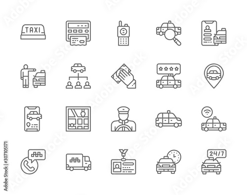 Set of Taxi Line Icons. Truck, Delivery, Cabbie, Taxicab, Id Card and more.