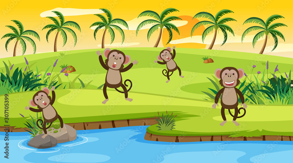Background scene with monkeys by the river