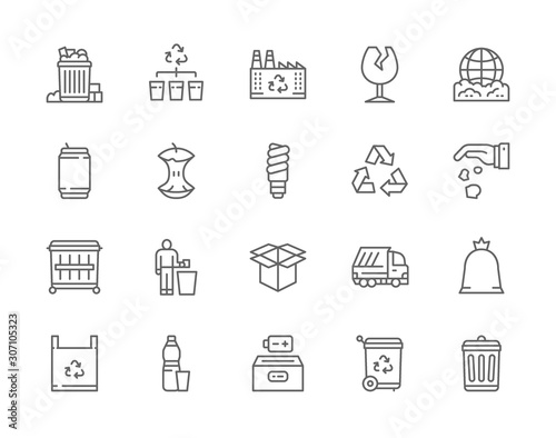 Set of Garbage Line Icons. Dumpster, Beer Can, Broken Glass, Apple Core and more