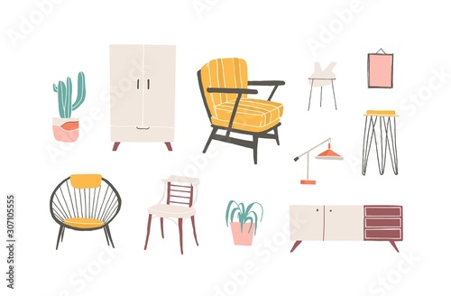 Furniture elements hand drawn vector illustrations set. Living room furnishin...