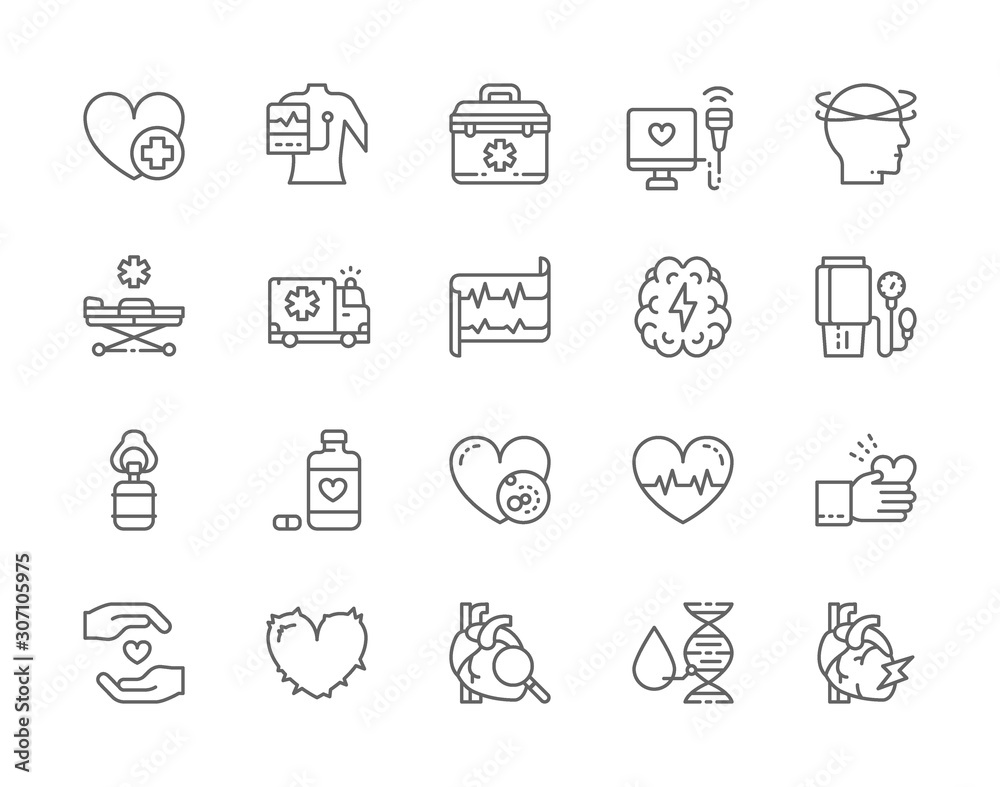Set of Heart Attack Line Icons. Cardiogram, First Aid Kit, Heartbeat and more.