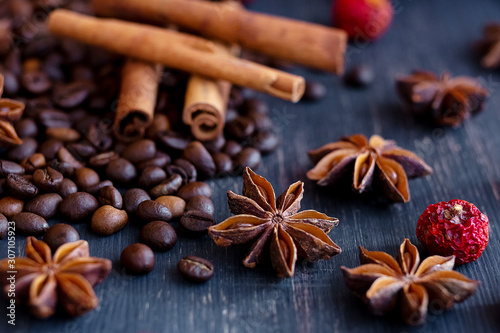 Badyan, cinnamon and coffee beans close up