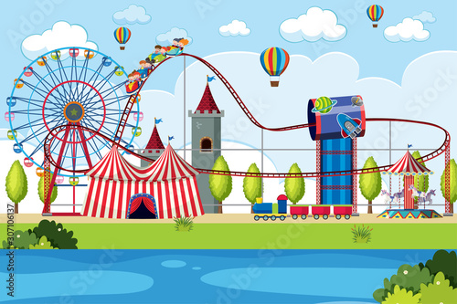 Amusement park scene with many rides