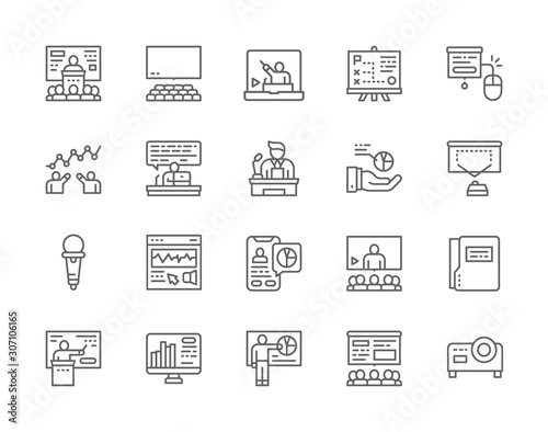Set of Business Presentation Line Icons. Assembly Hall, Microphone, Seminar