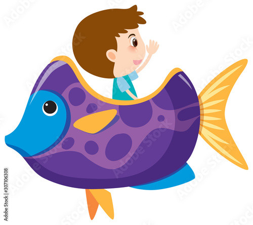 Single character of boy in purple fish on white background