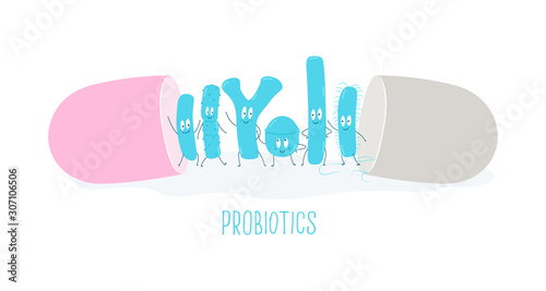 Types of useful probiotics in the capsule. Vector illustration.