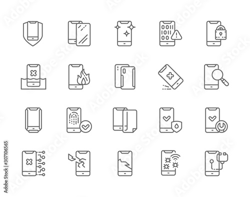 Set of Phone Repair Line Icons. Mobile Spam, Protective Glass, Software Virus