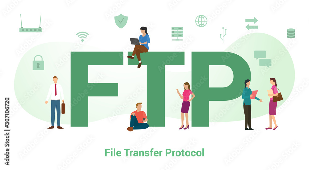 ftp file transfer protocol concept with big word or text and team people with modern flat style - vector