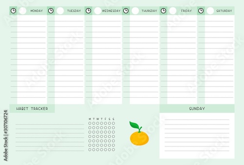 Week timetable and habit tracker with tangerine flat vector template. Calendar design with citrus cartoon illustration. Personal tasks organizer blank page for planner
