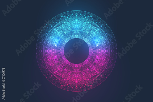 Quantum computer technology concept. Deep learning artificial intelligence. Big data algorithms visualization for business, science, technology. Waves flow, dots, lines. Quantum vector illustration.