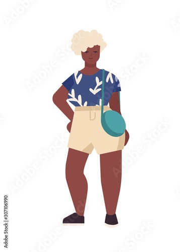 Curvy african american woman flat vector illustration. Beautiful plus size mo...