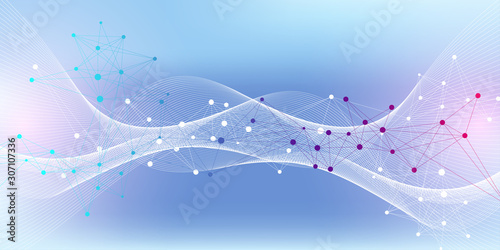 Scientific vector illustration genetic engineering and gene manipulation concept. DNA helix, DNA strand, molecule or atom, neurons. Abstract structure for Science or medical background. Wave flow