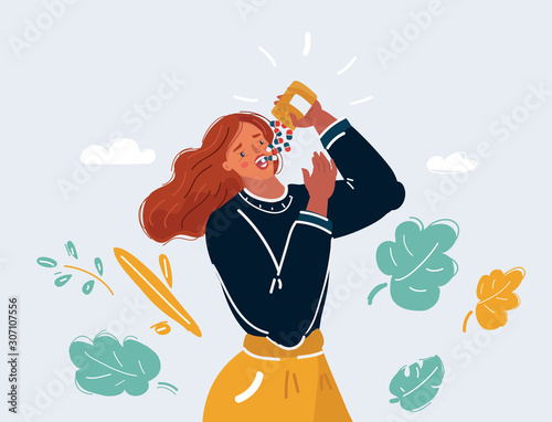 Woman eat pills in her mouth.