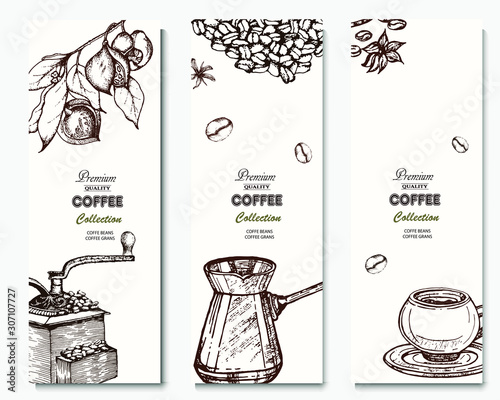 Coffee illustration. Hand drawn vector banner. Coffee beans, cup, flowers,