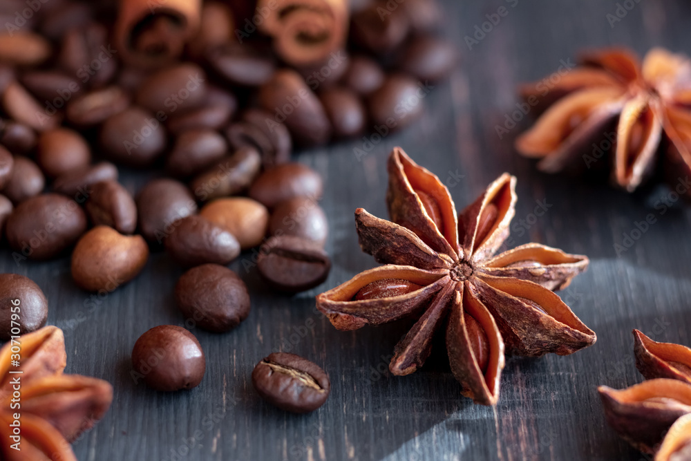 Coffee beans and badyan close up