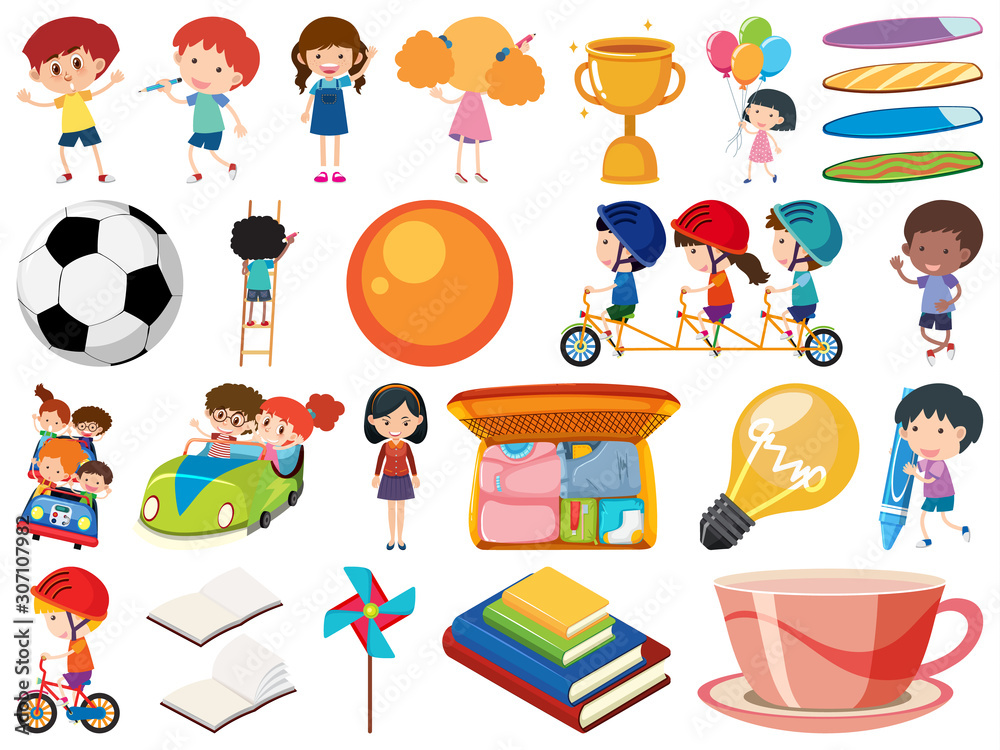 Set of isolated objects of kids and school items