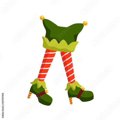 New year elf feet flat vector illustration. Santa helper in high heel shoes c...
