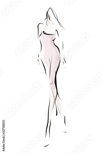 Young woman, model in dress. Fashion illustration in sketch style. Vector