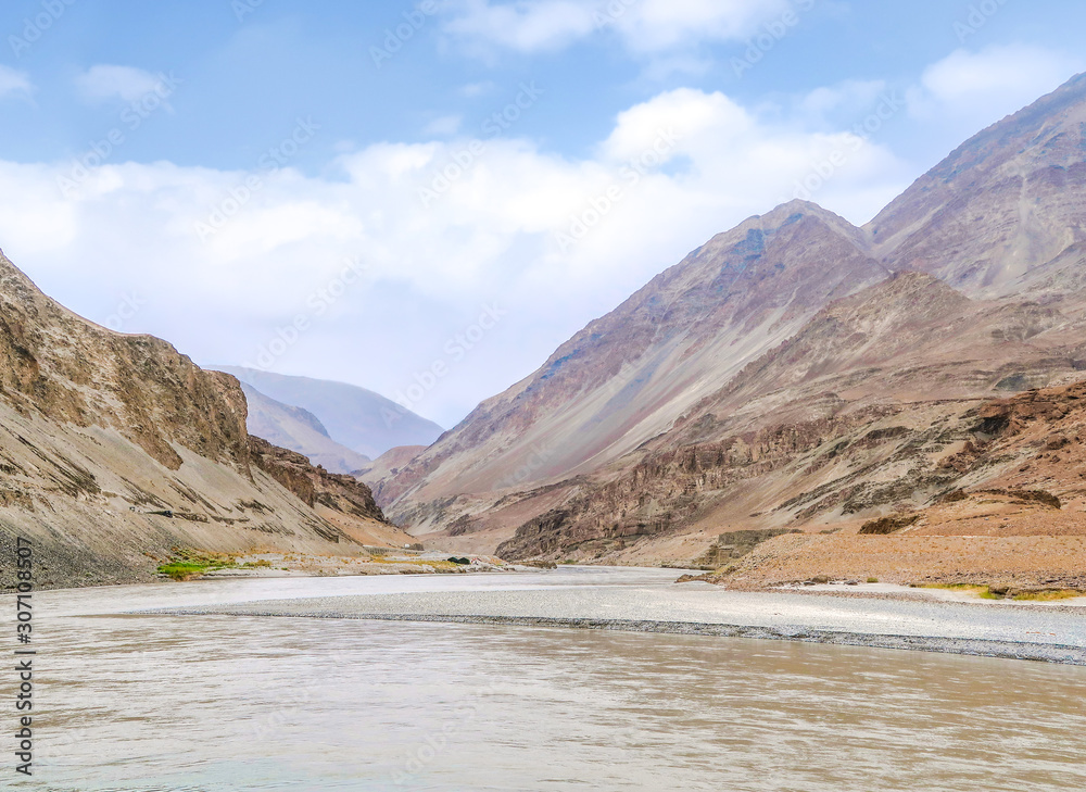 Two rivers are confluence at Zanskar Rivers, Leh Ladakh, India