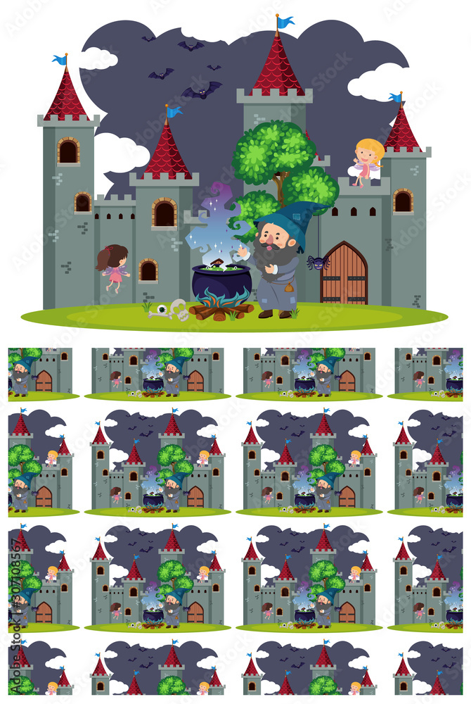 Seamless background design with wizard at castle
