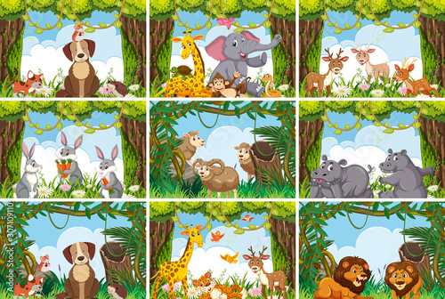 Set of various animals in nature scenes
