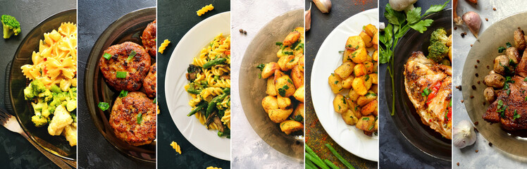 Collage of food in the dishes. A variety of food, vegetables, chicken, close-up and top view. Options for dishes.