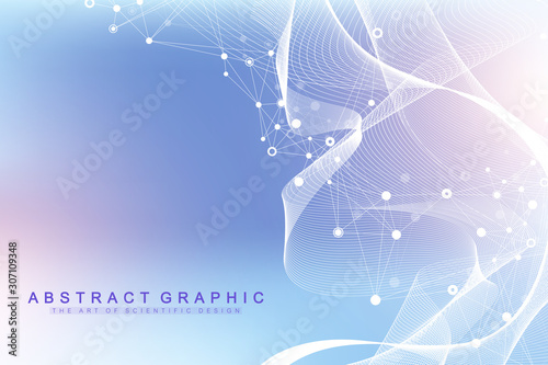 Big Genomic Data Visualization. DNA helix, DNA strand, DNA Test. CRISPR CAS9 - Genetic engineering. Molecule or atom, neurons. Abstract structure for Science or medical background, banner. Wave flow.
