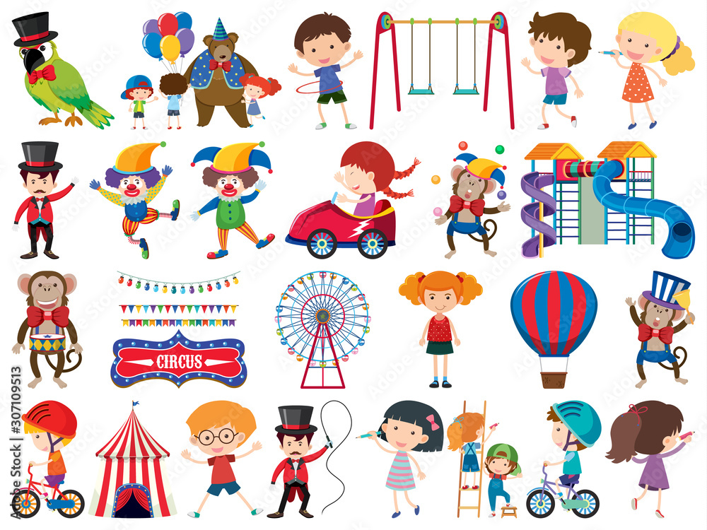 Large set of isolated objects of kids and circus Large set of isolated objects of kids and circus