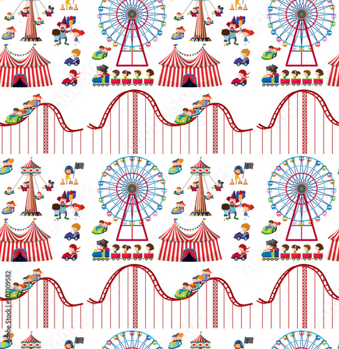 Seamless background design with kids and roller coaster
