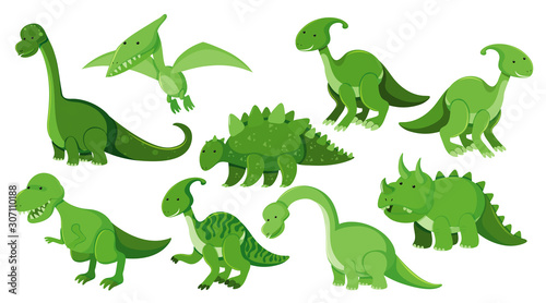 Large set of different types of dinosaurs in green