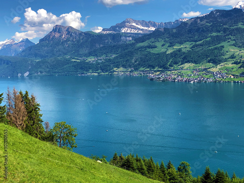 View of the Lake Luzerne or Vierwaldstättersee (Vierwaldstaettersee oder Vierwaldsattersee) from the Bürgenberg mountain, Obbürgen (Obburgen or Obbuergen) - Canton of Nidwalden, Switzerland photo