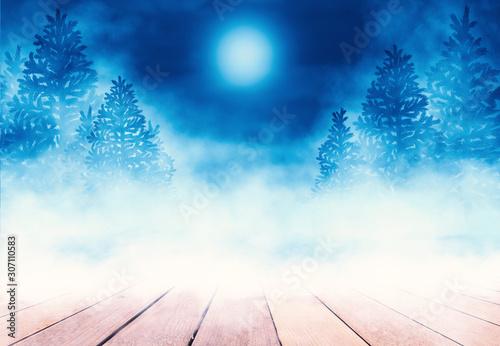 Winter abstract background. Empty wooden snowy countertop. Winter forest, moon, fog in the background