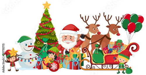 Santa and christmas presents on sleigh