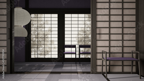 Empty open space  mats  tatami and futon floor  purple plaster walls  wooden roof  chinese paper doors  chairs with lamps  lounge room  window with zen garden shadows  meditation room