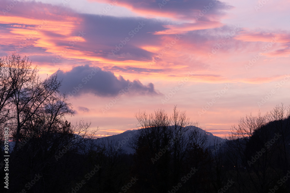 Fototapeta premium Dramatic sunset with pink clouds over bar trees and hills in wintertime in Switzerland. Unprocessed and original.